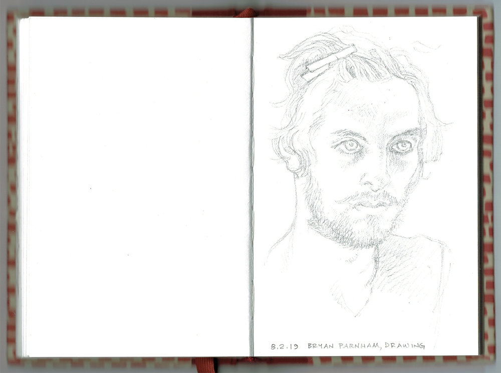 sketchbook open to drawing of Bryan Parnham